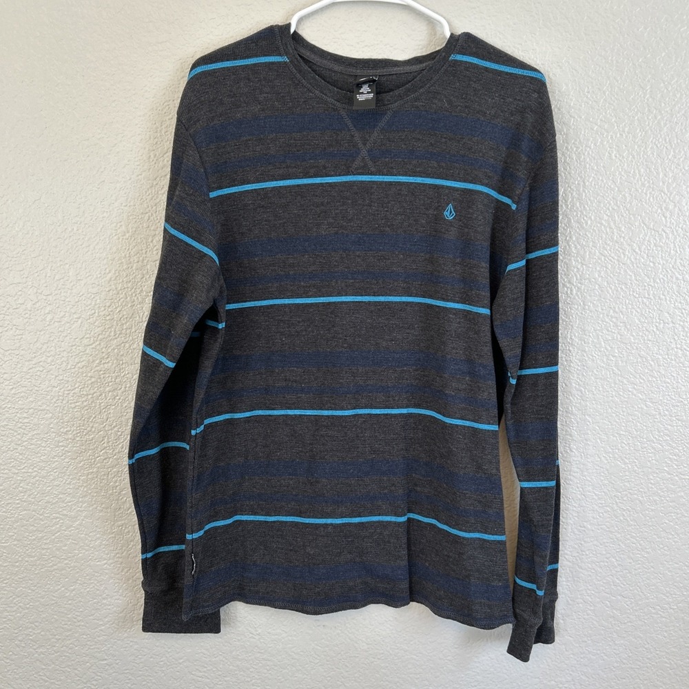 VINTAGE Y2K VOLCOM THERMAL SIZE LARGE LONG SLEEVE GRAY STRIPED SHIRT